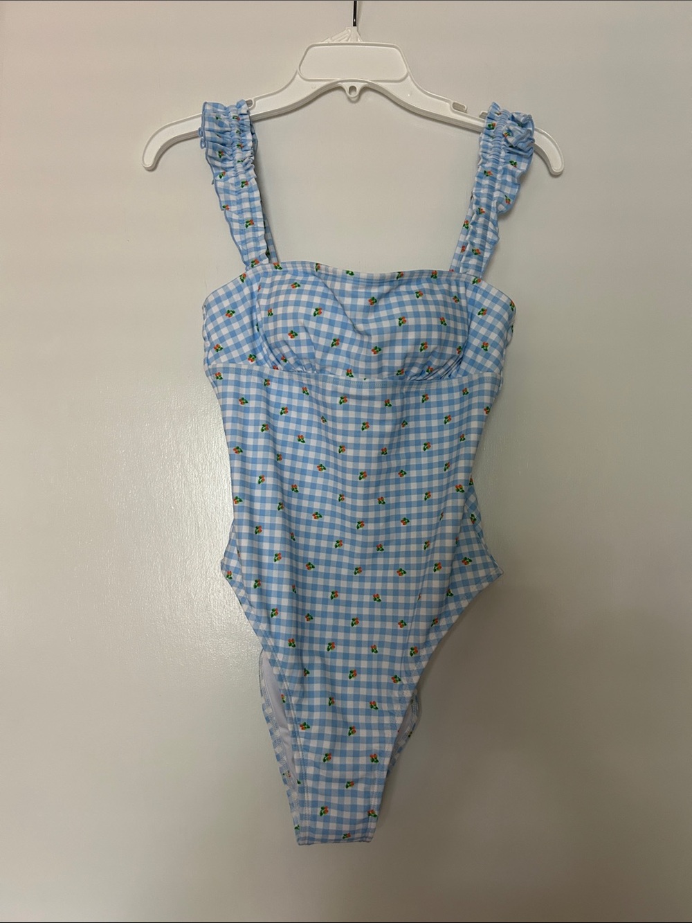 Light Blue Gingham One-Piece Swimsuit with Floral Dots